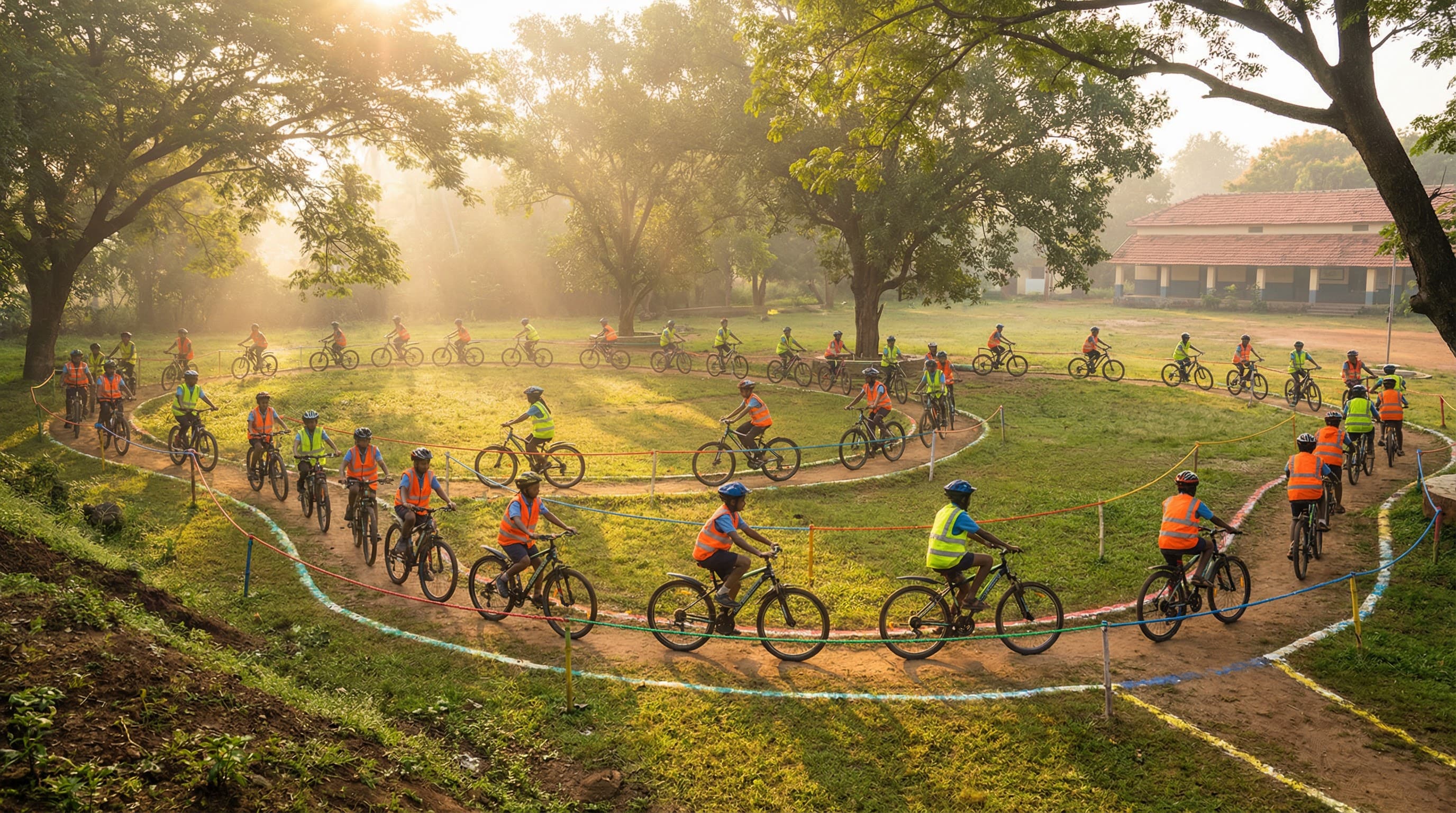 Riders on a cycling track at a school ground during golden hour